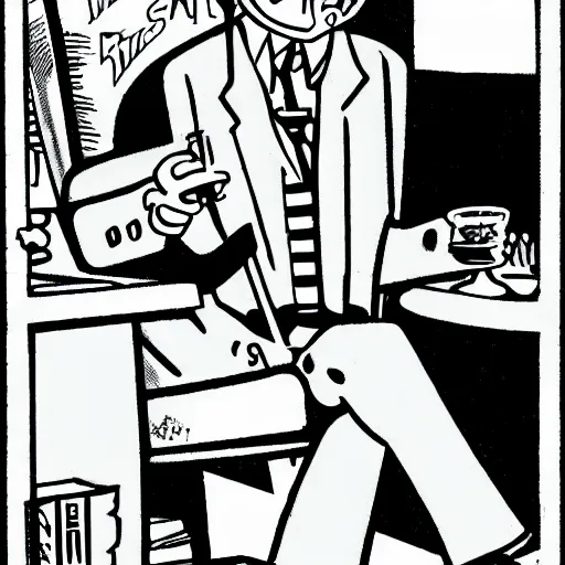 Prompt: a man sitting in a chair with a glass in his hand, a comic book panel by peter bagge, reddit contest winner, underground comix, creepypasta, criterion collection, epic