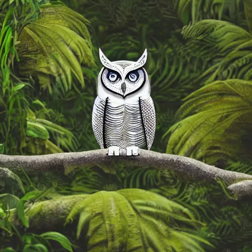 Image similar to an anthropomorphic owl in a lush forest