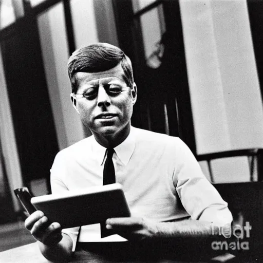 Image similar to 1 9 7 0 s vintage photograph of john f kennedy using an ipad, very detailed, very intricate,