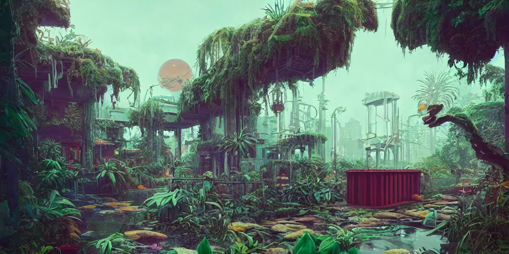 Prompt: 80s outdoor retro arcade, pastel colors, desolate, lush vegetation, moody:: by beeple and James Gilleard and Justin Gerard :: ornate, dynamic, particulate, intricate, elegant, highly detailed, centered, artstation, smooth, sharp focus, octane render, 3d