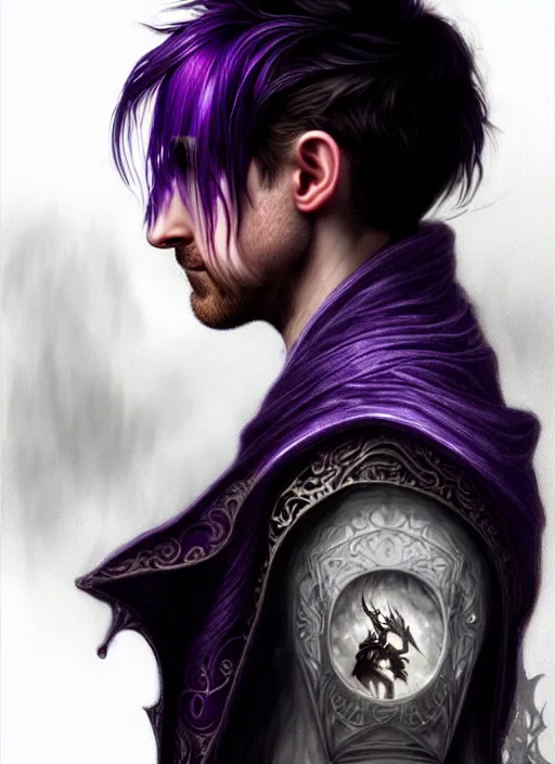 Image similar to side portrait Ryan Gosling as dark witch, adventurer outfit large cloak, fantasy forest landscape, dragon scales, fantasy magic, undercut hairstyle, short purple black fade hair, dark light night, intricate, elegant, sharp focus, illustration, highly detailed, digital painting, concept art, matte, art by WLOP and Artgerm and Greg Rutkowski and Alphonse Mucha, masterpiece