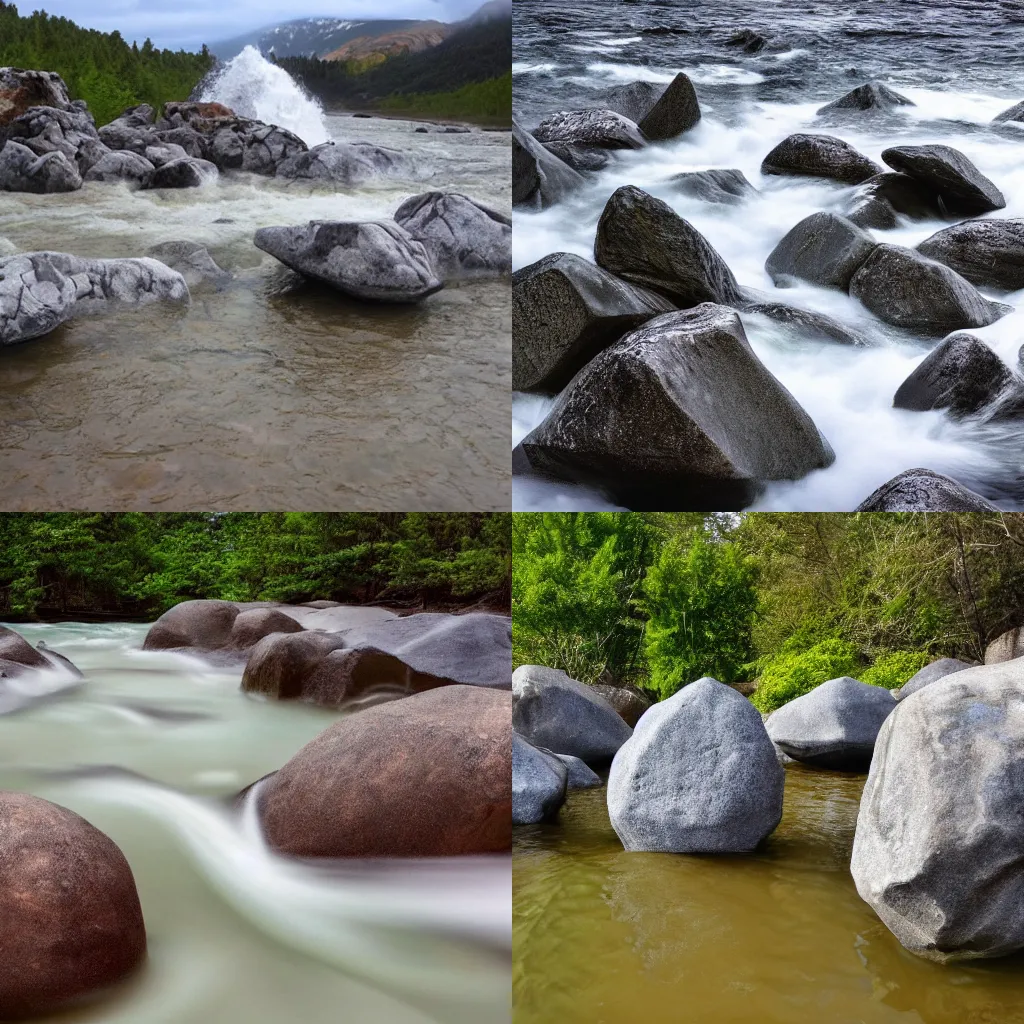 Prompt: huge rocks looking like water,