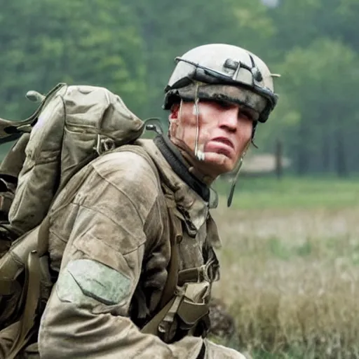 Image similar to Live Action Still of Jerma in Full Metal Jacket, real life, hyperrealistic, ultra realistic, realistic, highly detailed, epic, HD quality, 8k resolution, body and headshot, film still