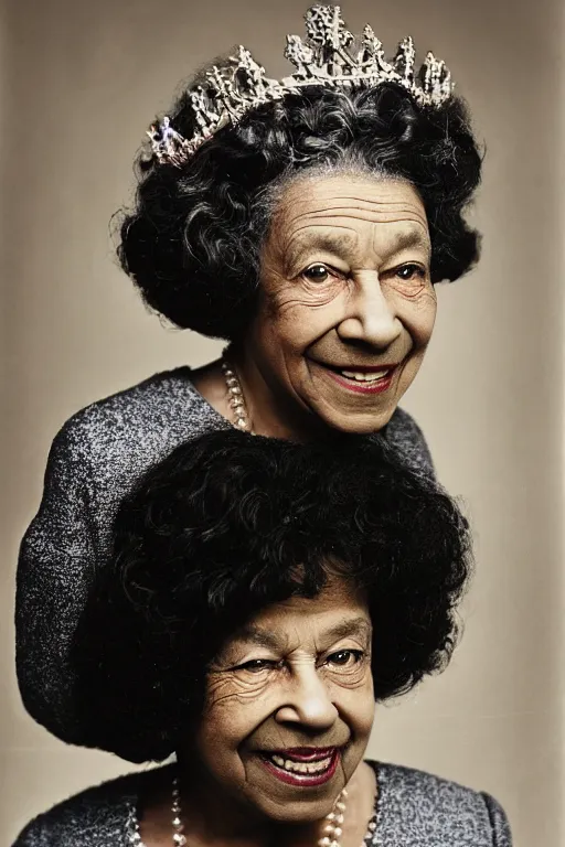 Prompt: a colour photograph of an elderly black lady with grey curly hair, wearing a crown and clothing of Queen Elizabeth the second, 50mm lens, portrait photography, taken by Robert Capa, studio lighting