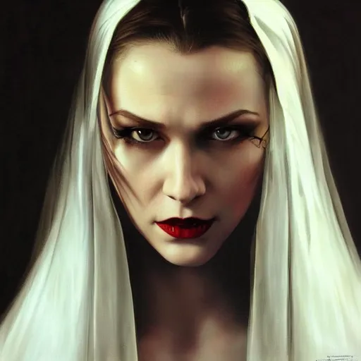 Prompt: close up face of an extremely beautiful bond female VAMPIRE portrait, Masterpiece, oil on canvas, artgerm, norman rockwell, craig mulins, trending on pxiv,