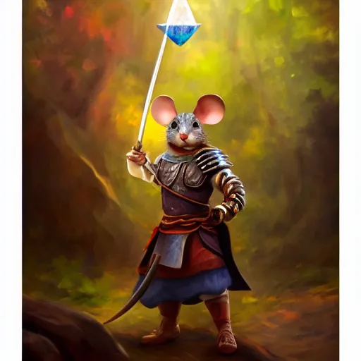 Prompt: mouse sword warrior grabs floating crystal, trending on Artstation, award winning, Oil Painting, 8k scan