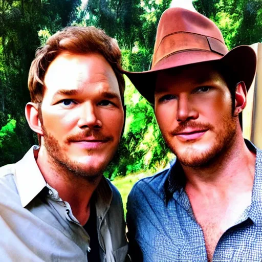 Image similar to chris pratt as indiana jones together with harrison ford, instagram, cinematic, natural lighting, genuine smile