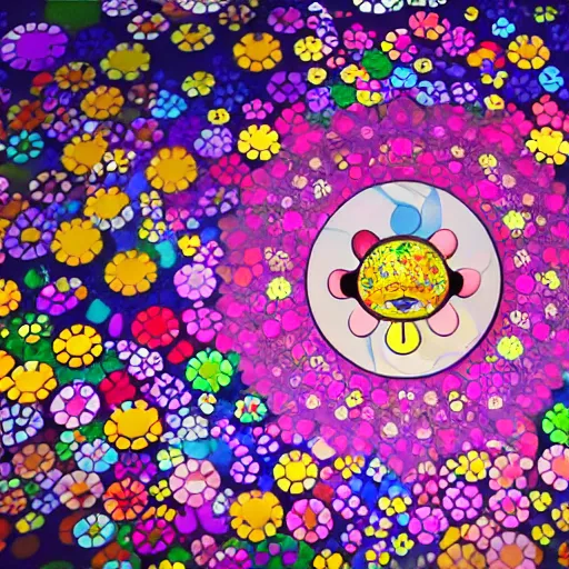Image similar to Floral psychedelic apocalypse caused by the crashing of the Murakami flower meteor in the peaceful village, unreal engine 5 render, art by Takashi Murakami, Meteor made out of Murakami flowers