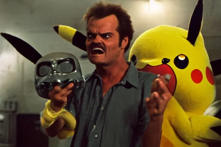 Image similar to Jack Nicholson plays Pikachu Terminator, Terminator's endoskeleton is exposed and his eye glows red, film finale