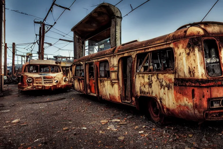 Image similar to low wide angle shot of dilapidated fallout 5, desolate, dilapidated neon signs, few rusted retro futuristic vintage parked vehicles like cars, ( ( ( buses, trucks, trams ) ) ), volumetric lighting, photorealistic, sunny, early evening, golden hour, autumn, sharp focus, ultra detailed, 4 0 0 0 k