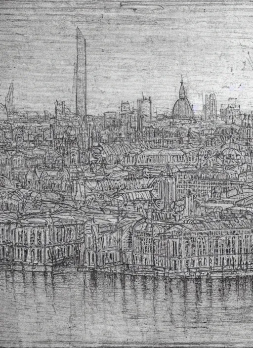 Prompt: sketch by da vinci of the london skyline