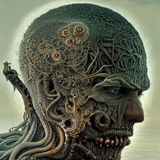 Image similar to ultra realist intricate detailed portrait, insanity accurate features, apocalyptic, very intricate details, 8 k resolution, dim lighting, artstyle zdzisław beksinski and keith thompson, by giger style, award winning