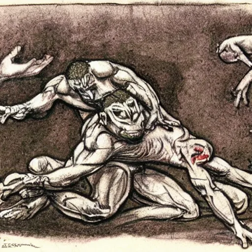 Image similar to a muscular frog man suplexing a toad man in a wrestling ring, detailed, artist arthur rackham, pastel colors