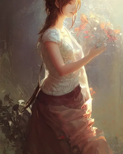 Image similar to aerith gainsborough in lace skirt, portrait, illustration, rim light, top light, perfectly shaded, soft painting, art by krenz cushart and wenjun lin