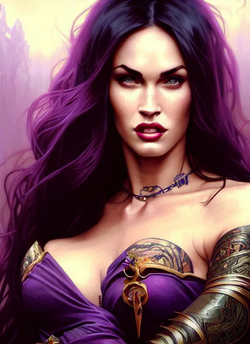 Prompt: portrait of megan fox as a vampire queen, jewelry, greek, purple, intricate, headshot, highly detailed, digital painting, artstation, concept art, sharp focus, cinematic lighting, illustration, art by artgerm and greg rutkowski, alphonse mucha, cgsociety