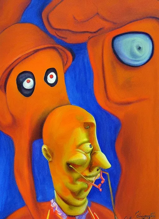 Prompt: cheeto man, extremely detailed, painting in the style of rene margitte, surrealist