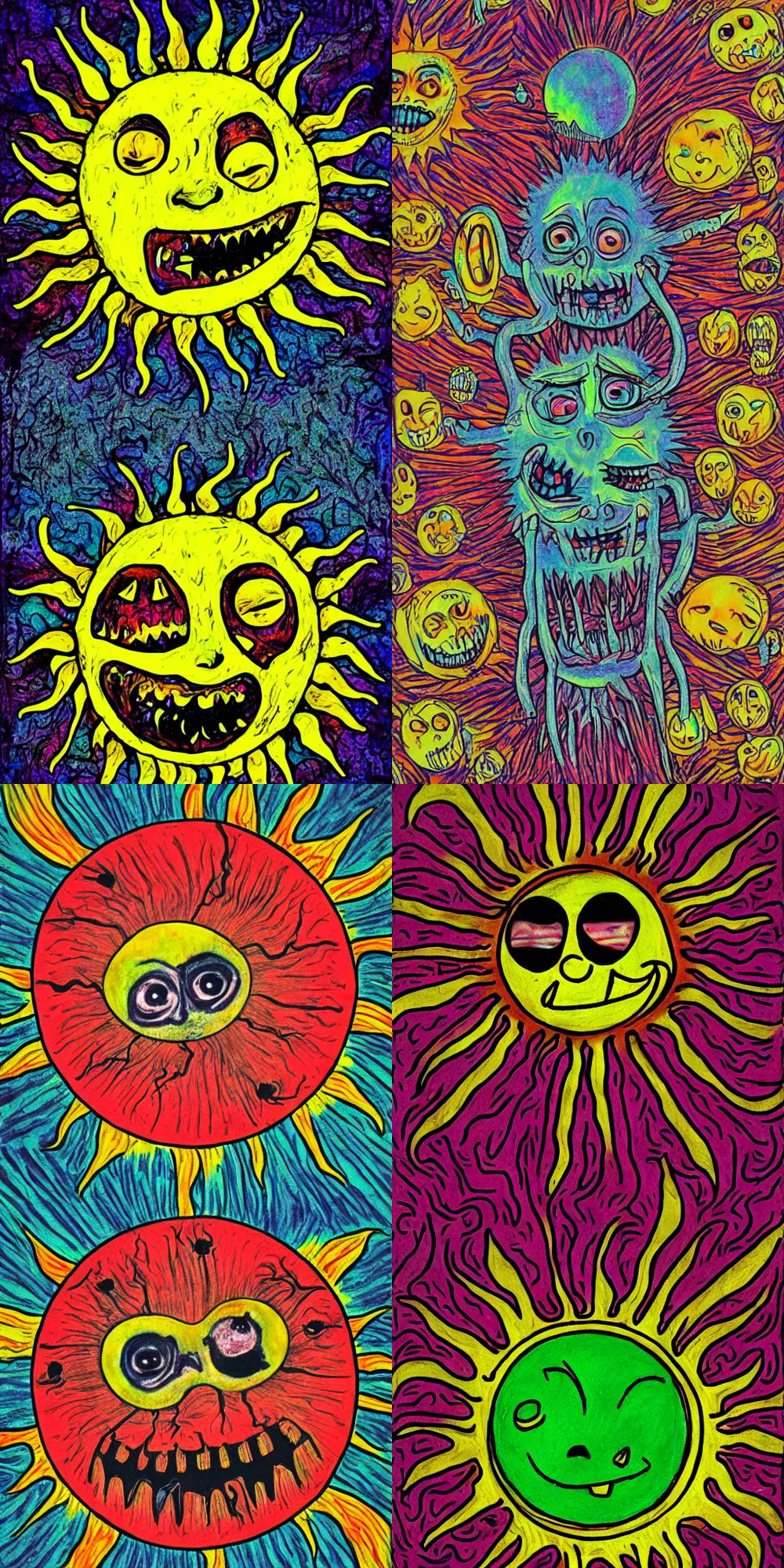 Prompt: creepy sun with a bad teeth greetings humans, trippy, bad trip, acid colors, glitches, trauma, primitivism, child drawing