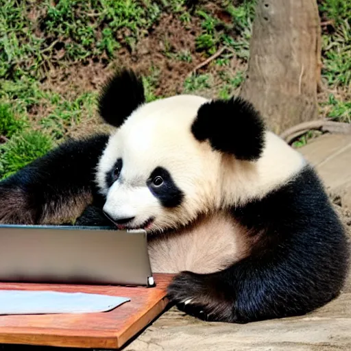 Image similar to a cute but tired baby panda working on a laptop in the zoo and yawning