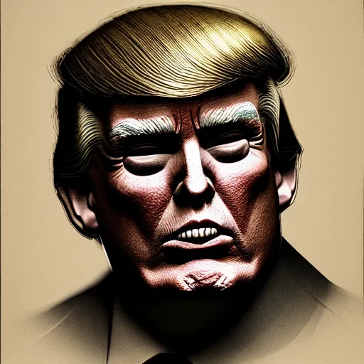 Prompt: a beautiful detailed 3 d matte portrait of a donald trump, by bernie wrightson, ominous, magical realism, texture, intricate, skull, skeleton, axe,, fantasy,, high details
