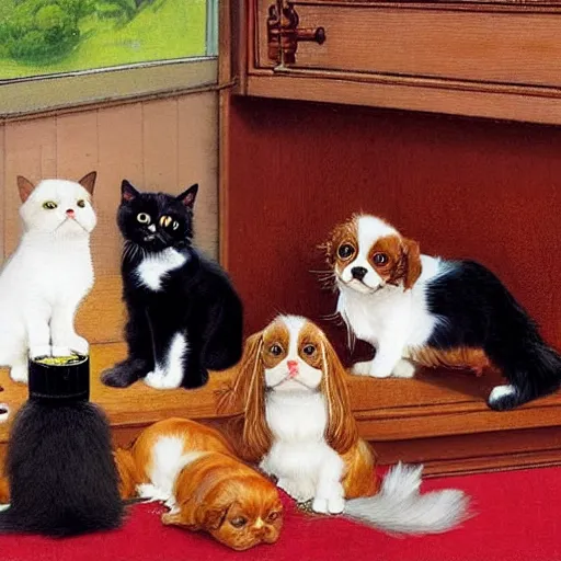 Image similar to one Cavalier King Charles Spaniel and two ragdoll kittens and one black cat drinking beer in the style of norman rockwell