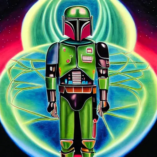 Prompt: a painting of elegant boba fett praying designed by alex grey, flooko, etheral, glows,