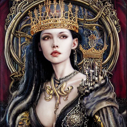 Prompt: portrait of of a beautiful black haired woman with pale skin and a crown on her head sitted on an intricate metal throne, by greg staples and jeff easley, alluring, sexy, hyperrealistic, intricate, summer day, sunlight, soft lighting, detailed, beautiful,