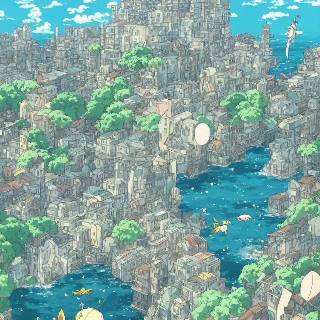 Image similar to a beautiful movie still in the style of Studio Ghibli anime showing fish flying through a city. Studio Ghibli, trending on artstation