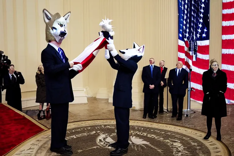 Image similar to photo of the usa presidential inauguration, a wolf fursuiter being inaugurated as president