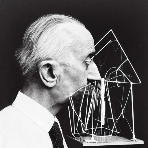 Image similar to close-up portrait of Marcel Duchamp working on a futuristic machine, long exposure, minimal composition, packshot, archival pigment print
