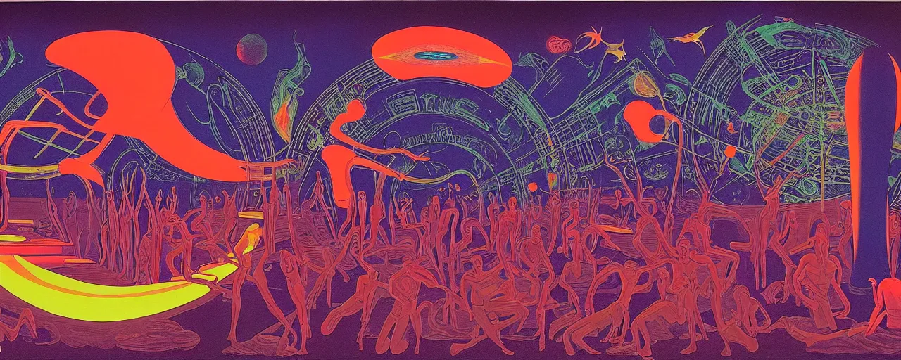 Prompt: 1968 cut out collage, theater stage, neon Greek, dusk on Jupiter, epic theater, deep sea ambience, aquatic plants, film noir, in part by Alex Grey, part by Moebius, composition William S Boroughs, written by H. P. Lovecraft