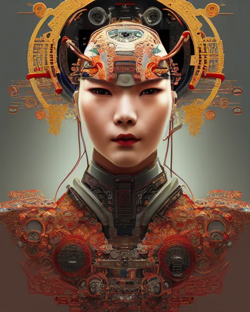 Image similar to portrait of a cyberpunk machine, machine face, upper half portrait, decorated with chinese opera motifs, asian, fine china, wuxia, traditional chinese art, intricate, elegant, highly detailed, symmetry, headpiece, digital painting, artstation concept art smooth sharp focus, illustration, art by artgerm and greg rutkowski alphonse mucha 8 k