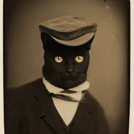 Prompt: ambrotype of a cat wearing a hat.