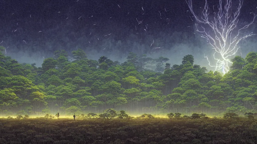Prompt: highly detailed illustration of giant a giant forest with fireflies and temples while rains at night and lots of high exposure cummulonimbus clouds by makoto shinkai, by moebius, by oliver vernon, by joseph moncada, by damon soule, by manabu ikeda, by kyle hotz, by dan mumford, by otomo, 4 k resolution
