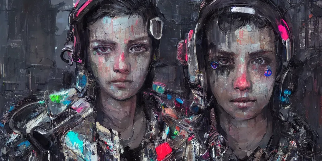 Image similar to eyes of a Neon guard boy with short dark hair seen from the back, cyberpunk futuristic, reflective puffer jacket, black leggings, decorated with traditional ornaments in front of a dystopian crowd with piles of garbage by Ismail inceoglu dragan bibin hans thoma, Perfect face, fine details, realistic shaded, fine-face, pretty face