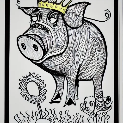 Image similar to detailed line art doodle sketches of a pig wearing a gold crown by Dr. Seuss