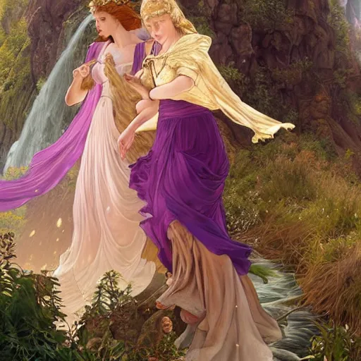 Prompt: a highly detailed byzantine painting of scarlett johansson and emma watson as red haired princesses walking through a waterfall in a gossamer purple dress, epic fantasy, stormy night, viewed in profile from far away, ultrawide lens, art by artgerm and greg rutkowski and alphonse mucha, volumetric lighting, 4 k resolution, trending on artstation, masterpiece