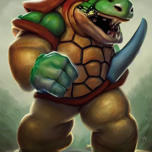 Image similar to bowser from super mario as realistic turtle character art portrait, matte fantasy painting, deviantart artstation, by jason felix by steve argyle by tyler jacobson by peter mohrbacher, cinema c 9. 0