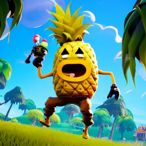 Prompt: anthropomorphic pineapple filled with beans, the bean - filled anthropomorphic pineapple is playing the video game fortnite