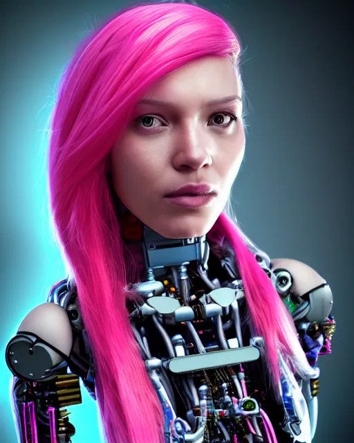 Image similar to portrait of a beautiful peruvian woman with pink hair as a cyberpunk cyborg half robot, revealing wires and electronics, hooked - up, sci - fi, missing panels, intricate abstract upper body intricate artwork, concept art, octane render, deviantart, cinematic, key art, hyperrealism, iridescent accents, portrait photograph, nikon 3 5 mm, photograph by greg rutkowski