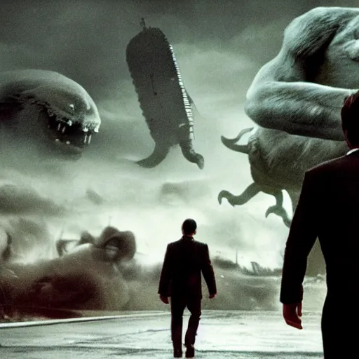 Prompt: giant monsters, cinematic portrait by christopher nolan