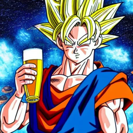 Image similar to goku drinking beer in space