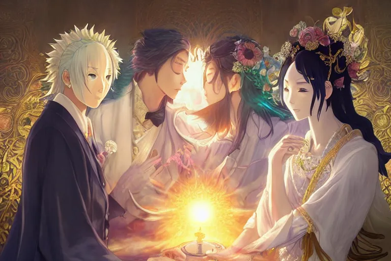 Image similar to a dreamlike portrait of wedding close up moment of a divine a japan sun god and moon goddess lovers magician at a wedding banquet. highly detailed, digital painting, fantasy wedding screen, 8 k realistic, hyper detailed, by makoto shinkai and akihiko yoshida and hidari and wlop