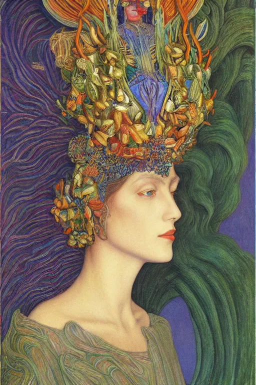 Image similar to queen of spring, by jean delville and Tino Rodriguez and Diego Rivera , elaborate headdress and embroidered velvet, iridescent beetles, rich color, dramatic cinematic lighting, extremely detailed