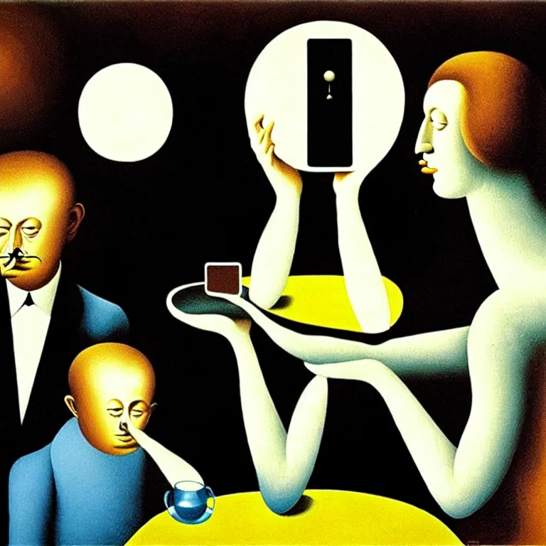 Image similar to a nuclear family staring at their smartphones during dinner, by salvador dali and rene magritte, soft colors, cool lighting, dark, surreal