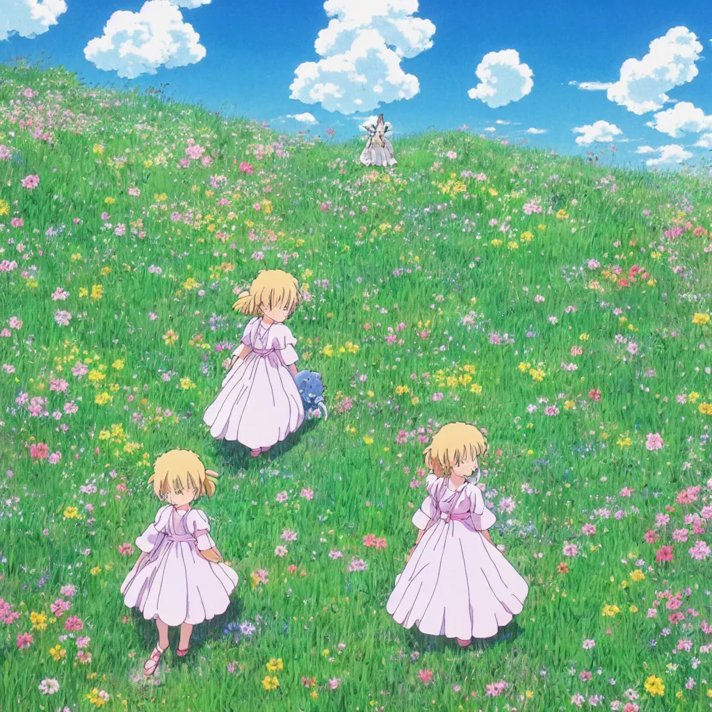 Image similar to little girl in princess dress with her puppy, walking through a field of flowers, puffy clouds, beautiful, summer, calm, studio ghibli, art by hayao miyazaki, makoto shinkai