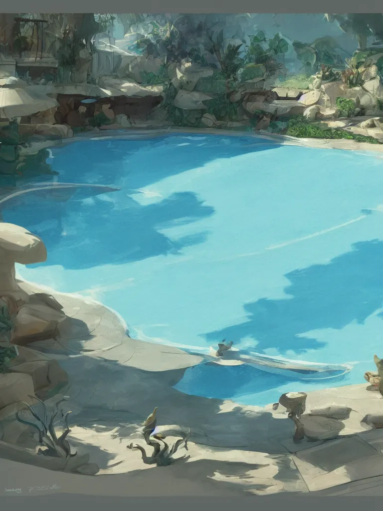 Prompt: swimming pool, by disney concept artists, blunt borders, rule of thirds, beautiful light
