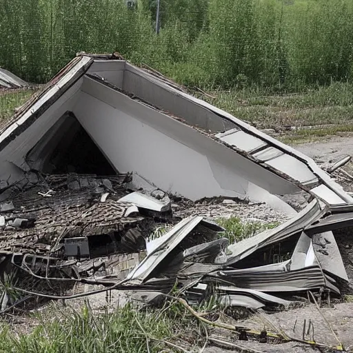 Prompt: a large funnel formed on the territory of the Russian village house in Russia as a result of a rocket hit where people gathered to photograph it