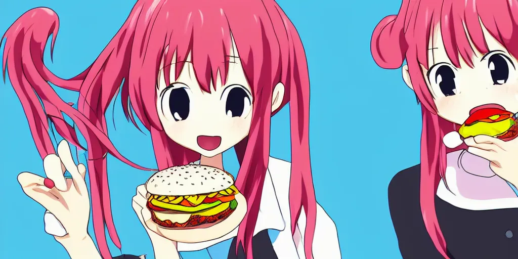 Image similar to a cute anime girl eating a hamburger, drawn in the style of studio trigger, H 640