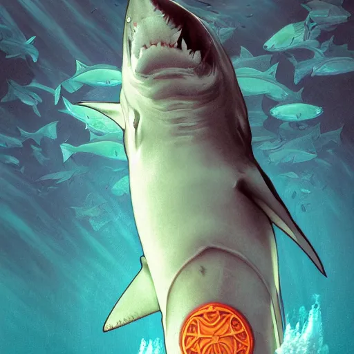 Image similar to great white shark, lower half traffic cone, full body, underwater background detailed atmospheric - ron cheng & alphonse mucha, highly detailed, digital painting, ray tracing, concept art, illustration, smooth sharp focus, intricate, symmetry, artstation,