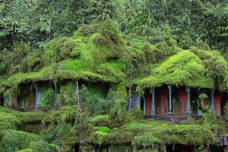 Prompt: varsai palace covered with moss inside a jungle